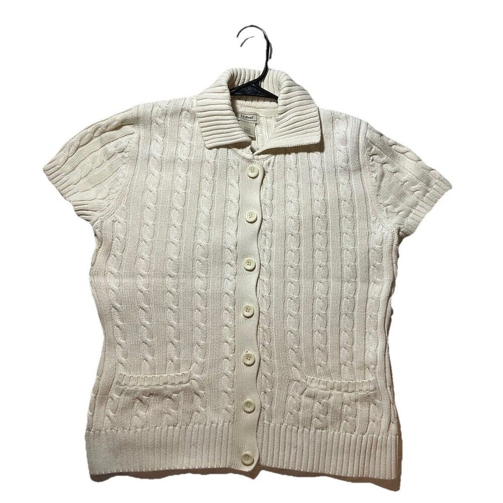 L.L.Bean Women’s Ivory Cable Knit Short Sleeve Mock Neck Sweater M‎